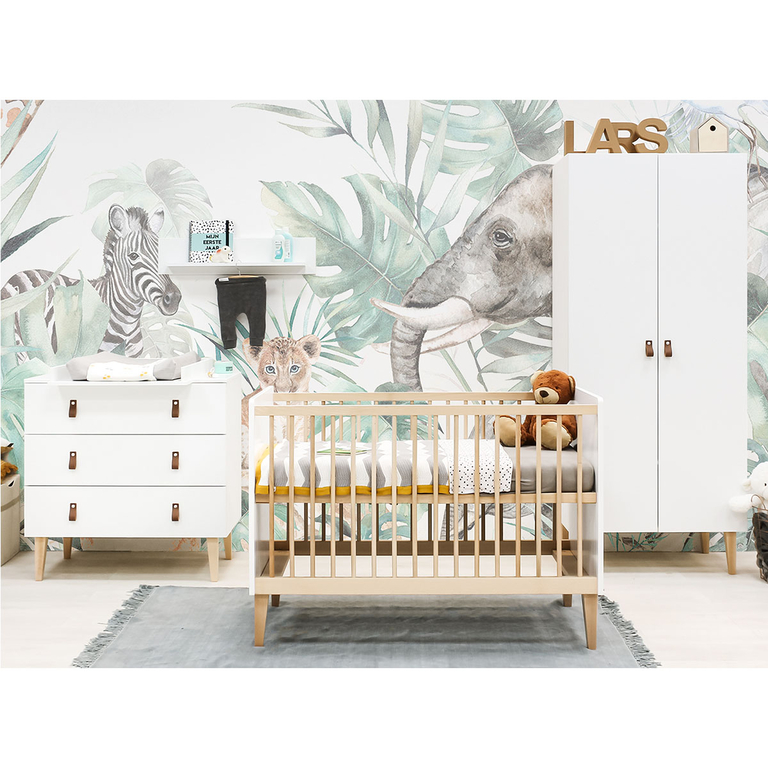 Chambre complète lit bébé évolutif - commode à langer - armoire 2 portes Bopita Indy Blanc et bois naturel