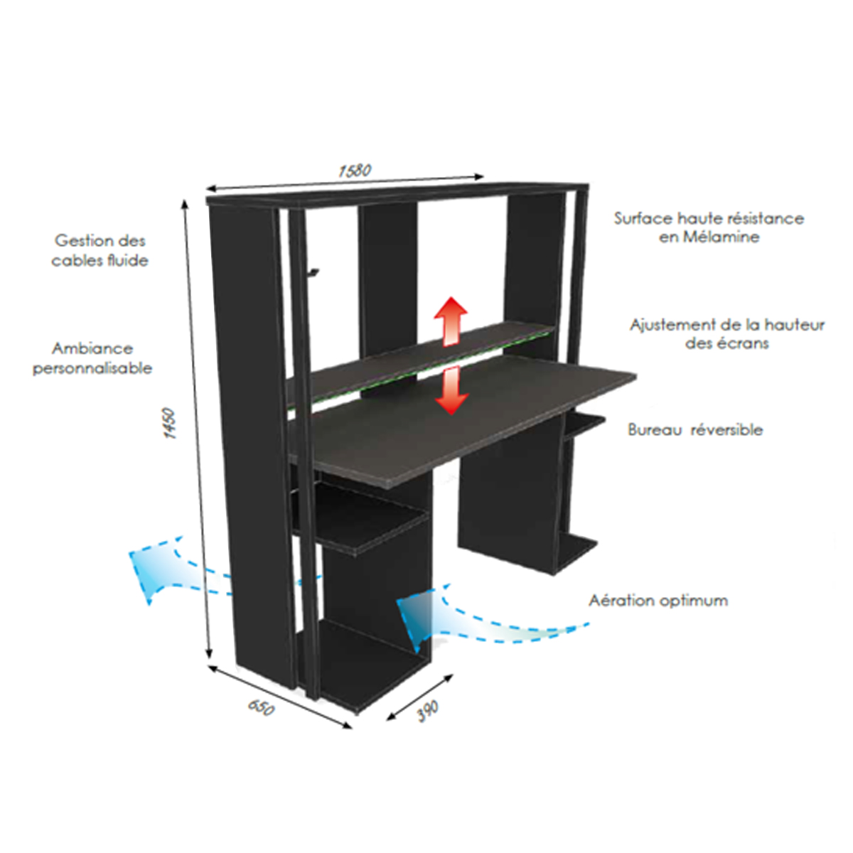 Diagone Bureau Gamer Stream - avec barre LED - compartiments de rangement -  Noir