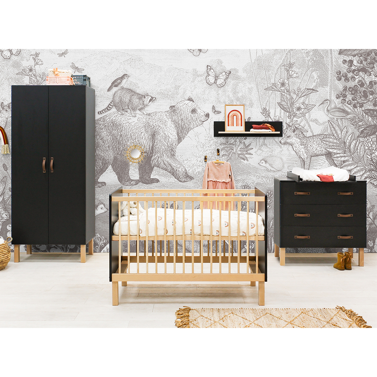 Chambre complète lit bébé évolutif, commode 3 tiroirs et armoire 2 portes Bopita Floris Noir mat et bois