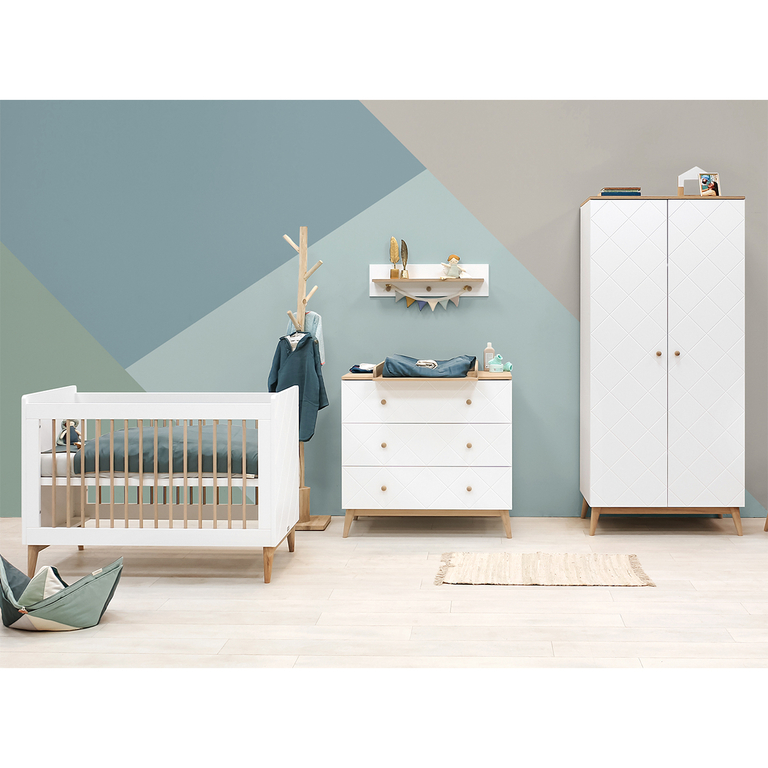 Chambre complète lit bébé - commode 3 tiroirs et armoire 2 portes Bopita Paris Blanc et chêne