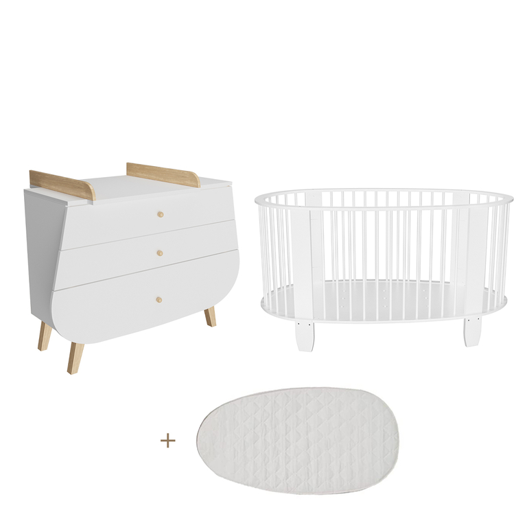 Lit bébé et commode avec plan à langer Songes et Rigolades Cocon Blanc