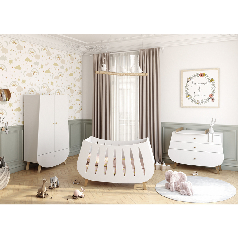 Chambre complète lit bébé commode à langer et armoire Songes et Rigolades Trapèze Blanc