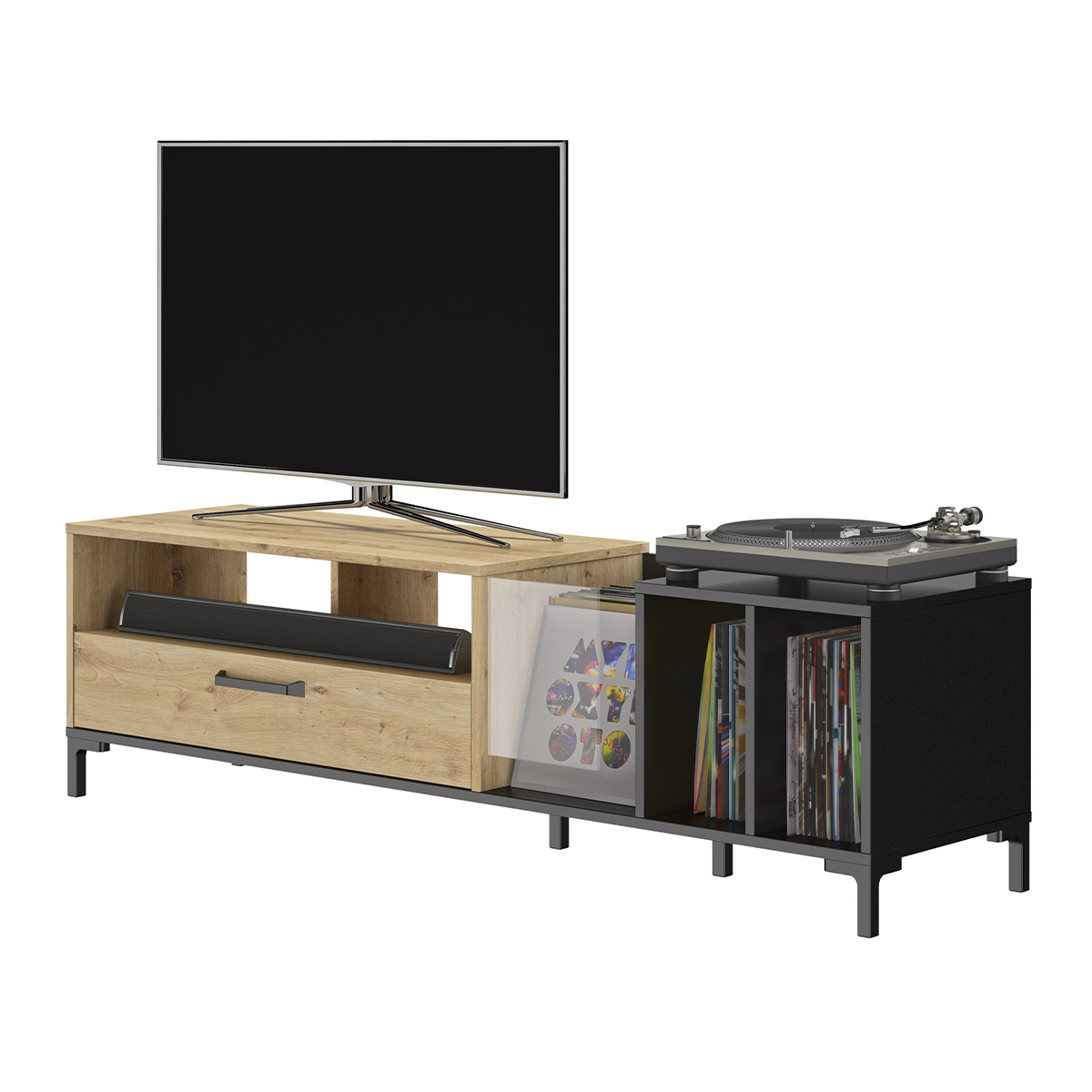 Tv Grand écran : 190 Cm Meuble TV et Vinyle 190cm Diagone Arguin noir et bois - Salon/Meuble TV