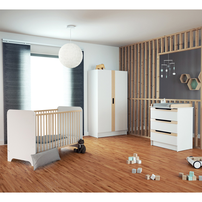 Chambre complète lit bébé 60x120 commode à langer et armoire AT4 Carrousel Blanc et hêtre