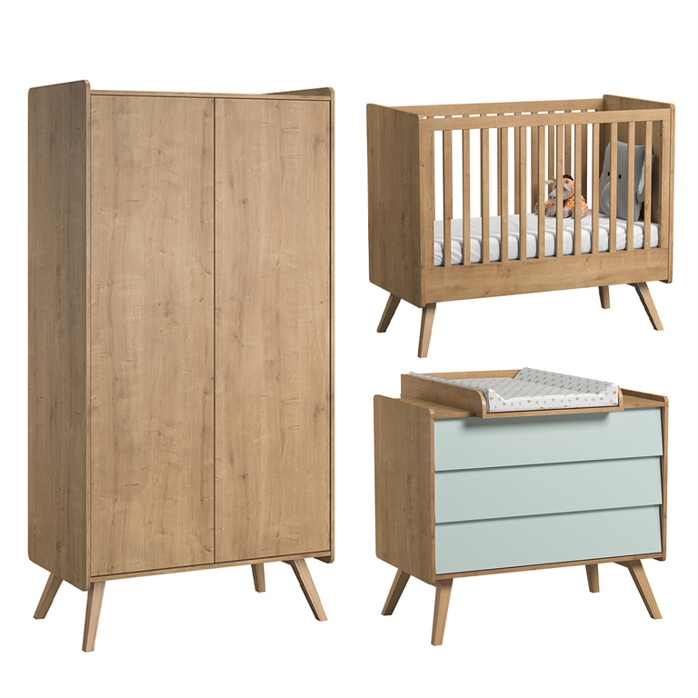 Chambre Complete Lit Bebe Commode 3 Tiroirs Armoire 2 Portes Vox Vintage Bois Vert Petits Meubles