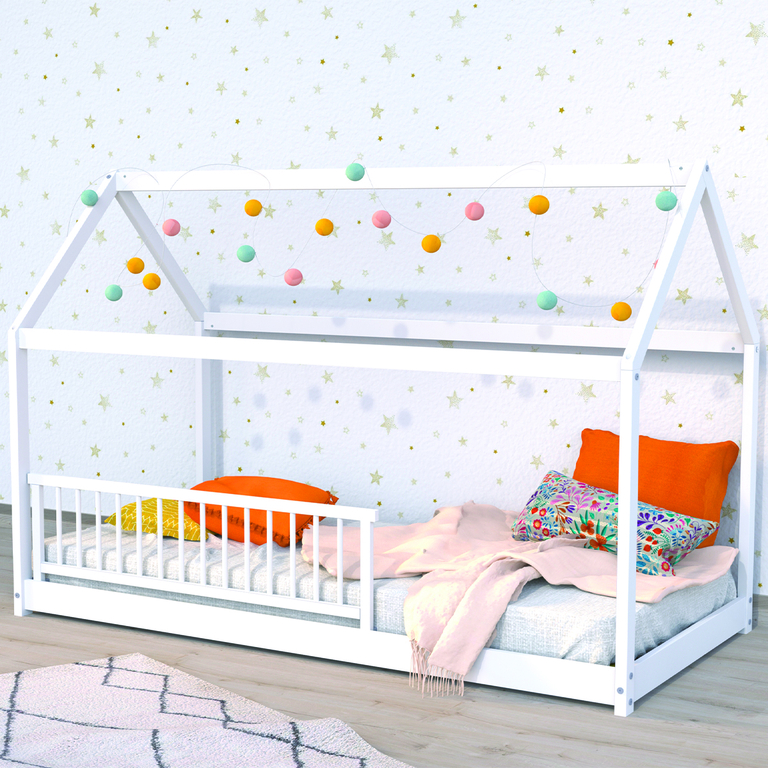 Lit Cabane Enfant 90x190 En Pin Avec Barrières De Sécurité - Blanc, étagères Intégrées, Sommier à Lattes