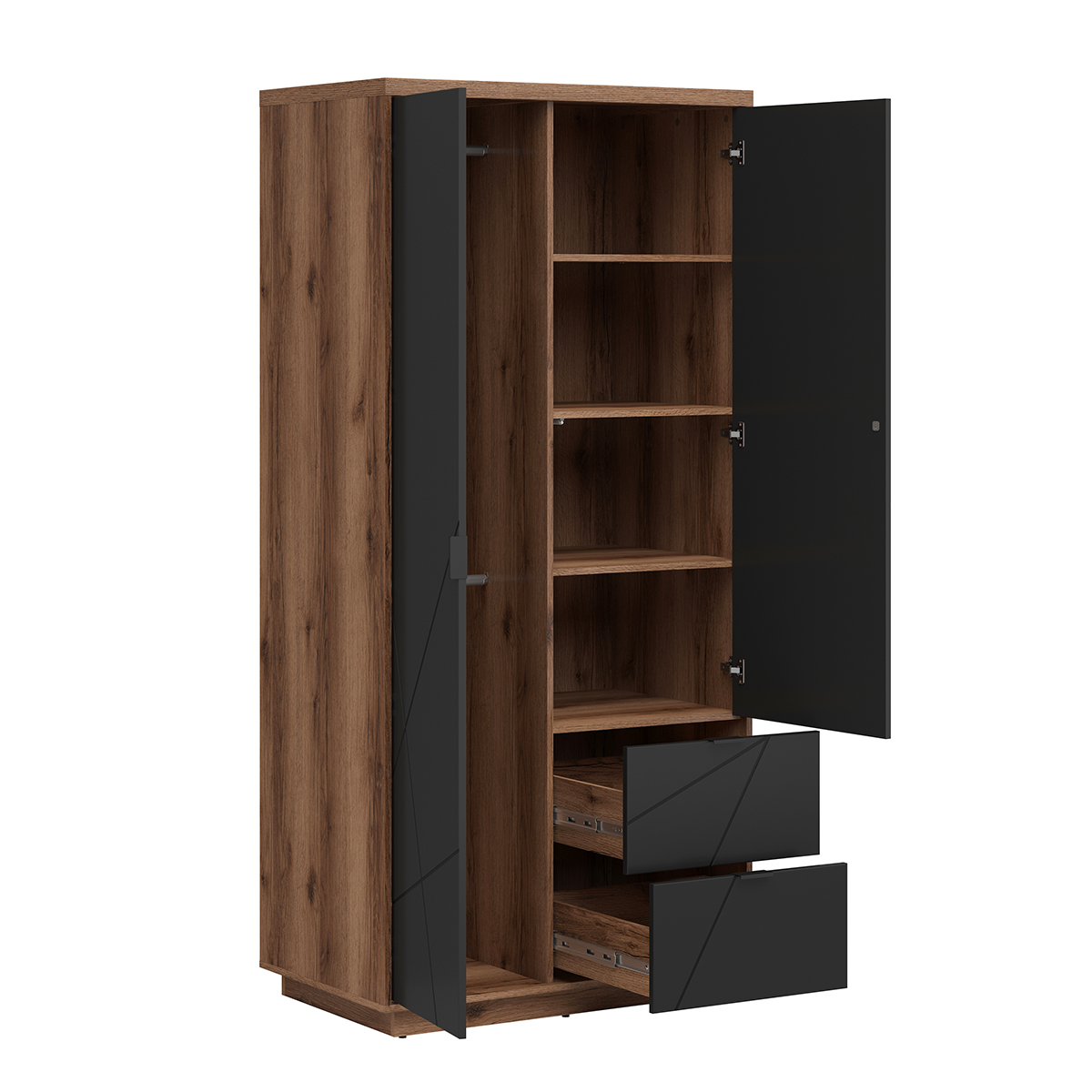 Armoire 2 portes 2 tiroirs Sven Noir et Bois Junior / Adultes/Armoire