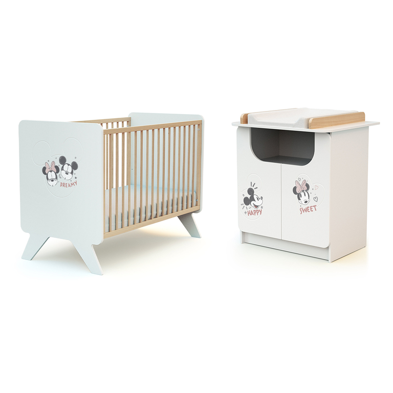 Lit bébé 60x120 et commode avec plan à langer AT4 Disney Happy Days Mickey Blanc et Hêtre