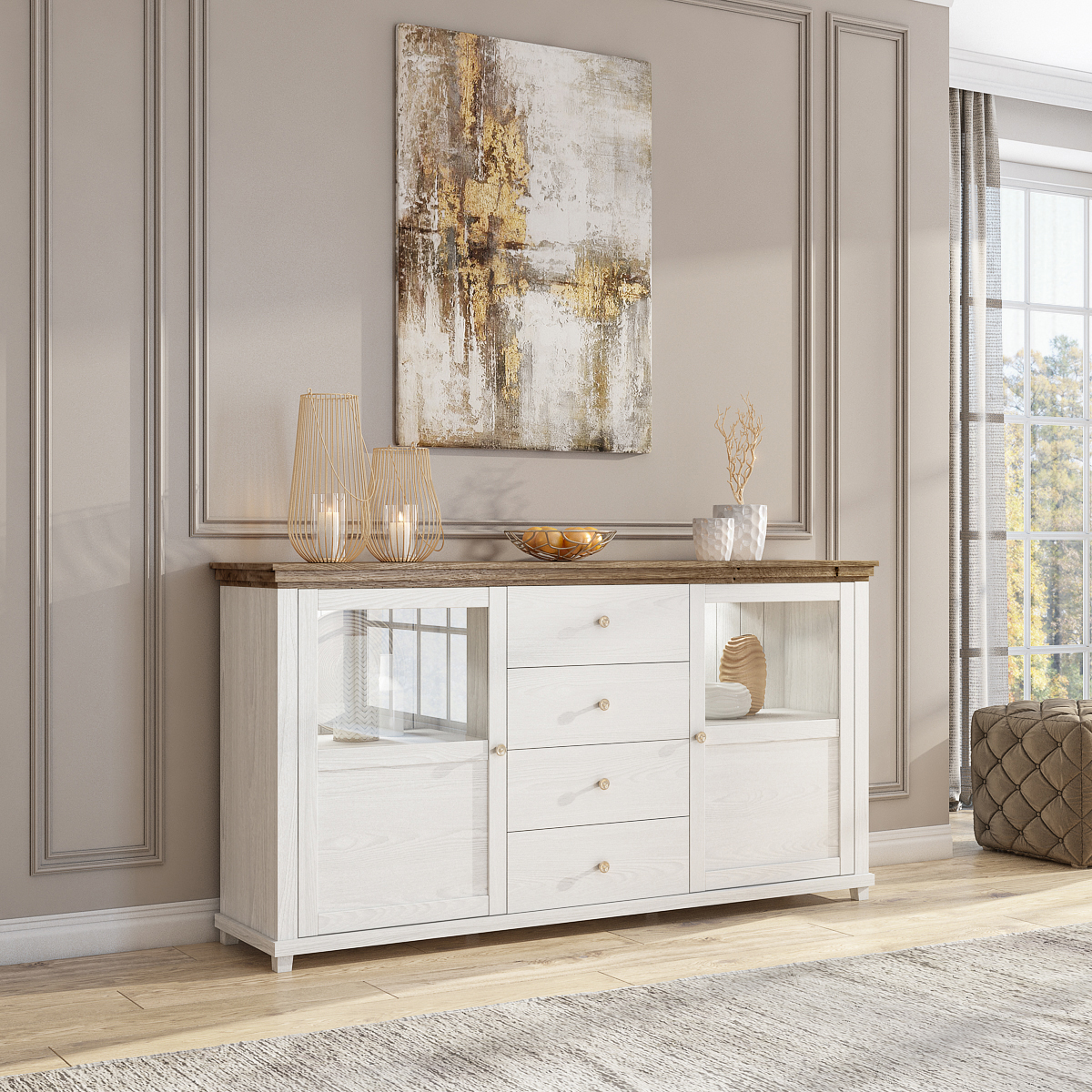 Buffet Armoire Blanc Style Maison Campagne – Commode 2 Portes Tiroirs Bois Palazzo INT