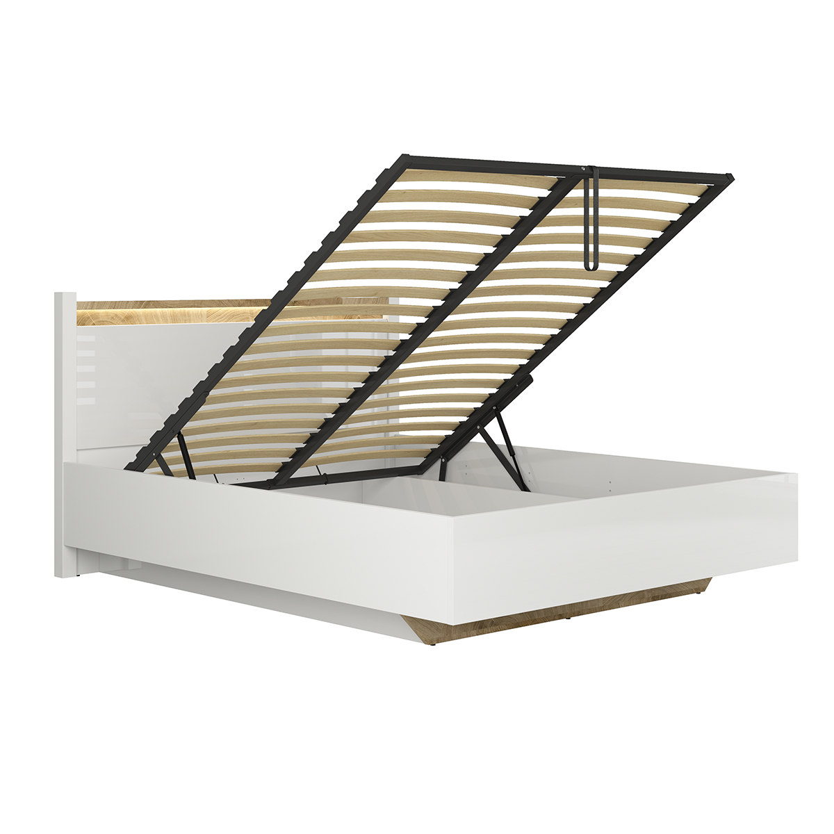Lit coffre 140x200 sommier inclus avec LED Helios Blanc laqué et Bois