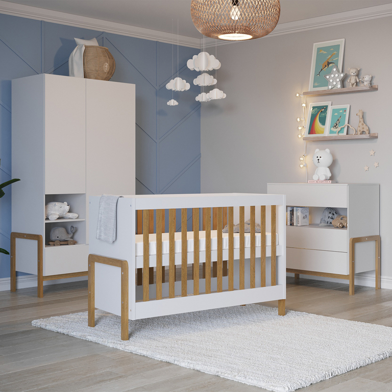 Chambre complète lit bébé 60x120 commode 3 tiroirs et armoire 2 portes Kocot Kids Victor - Blanc et Chêne