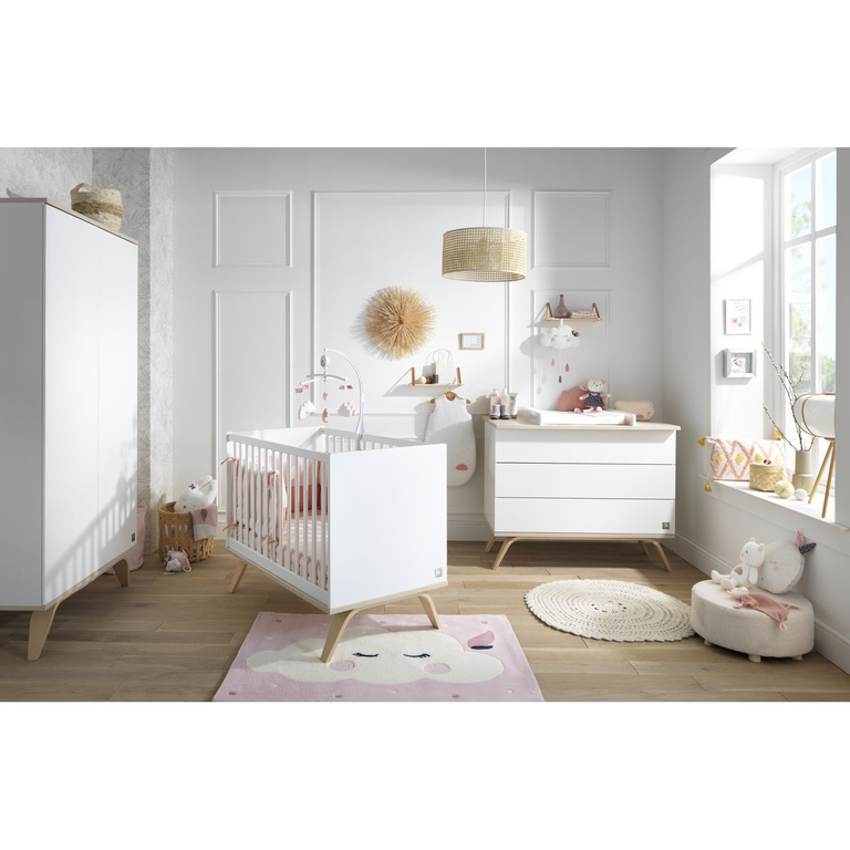 Chambre complète lit bébé commode à langer et armoire Sauthon Serena Blanc et bois