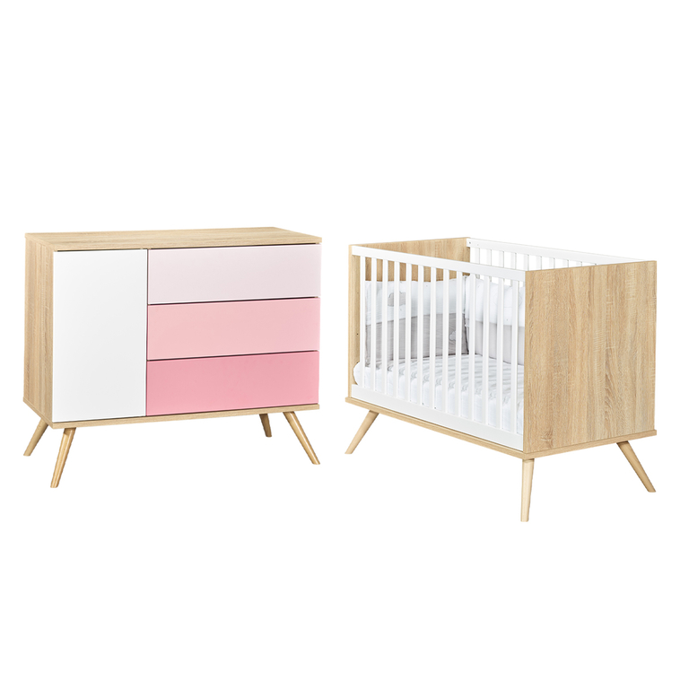 Lit bébé et commode 3 tiroirs 1 porte Sauthon Seventies Bois blanc et rose