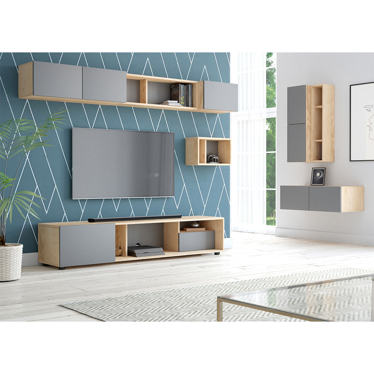 Armoires murale verticale Thalie Gris anthracite et Bois Salon