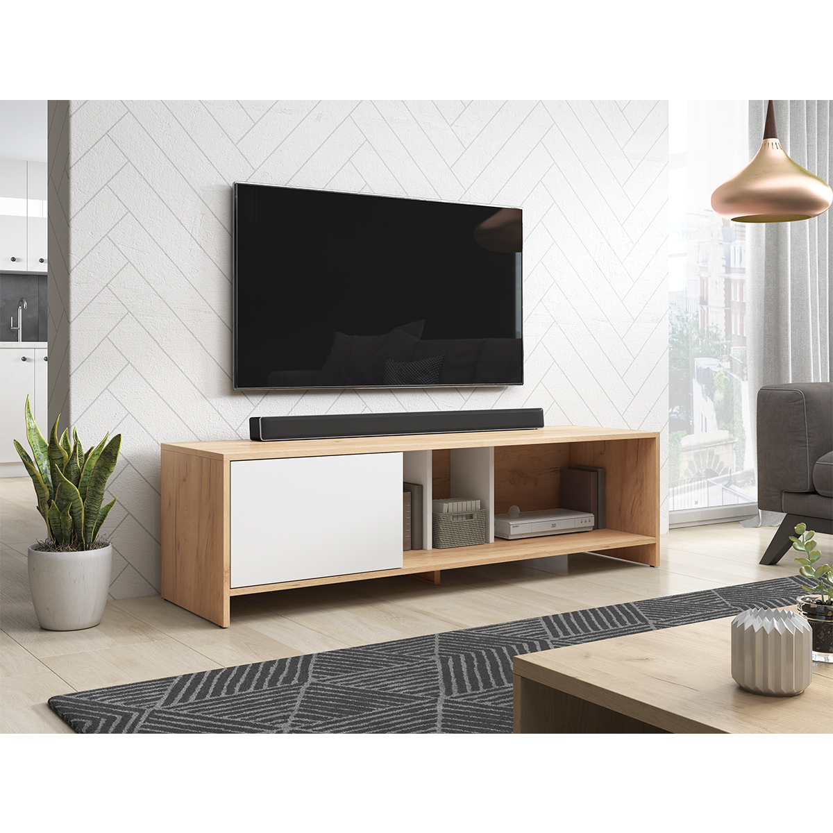 Petit Land meuble TV en bois chêne 140 cm avec compartiments et porte