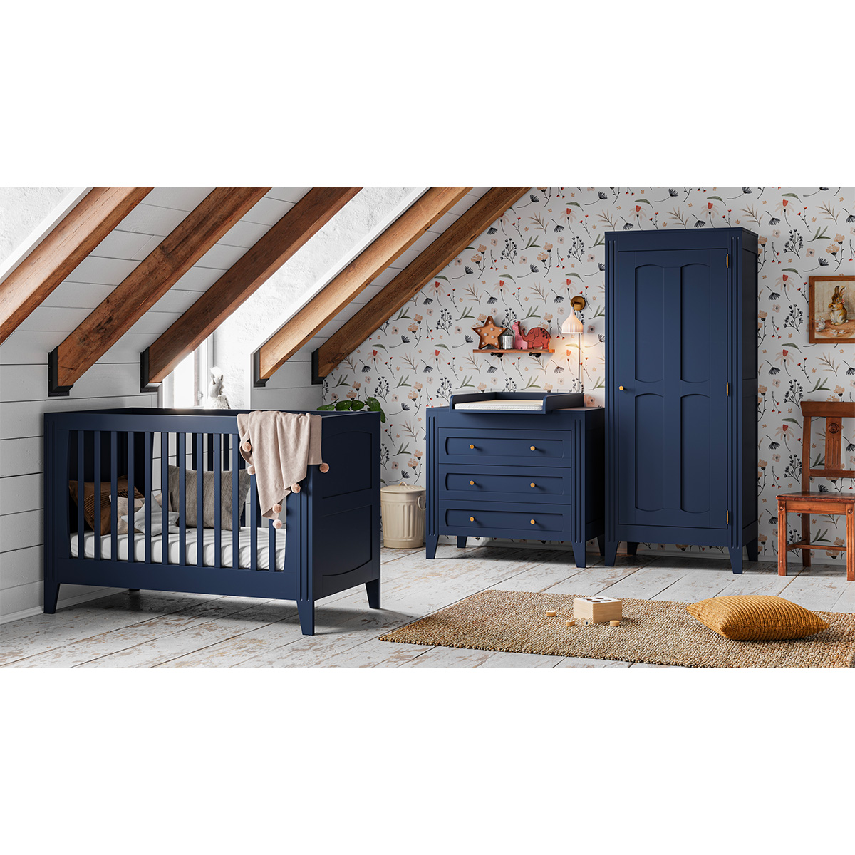 Chambre complète lit bébé évolutif commode à langer et armoire 1 porte Vox Milenne Bleu