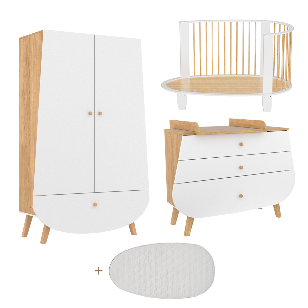 Chambre complète lit bébé évolutif commode à langer et armoire Songes et Rigolades Oeuf Blanc et bois