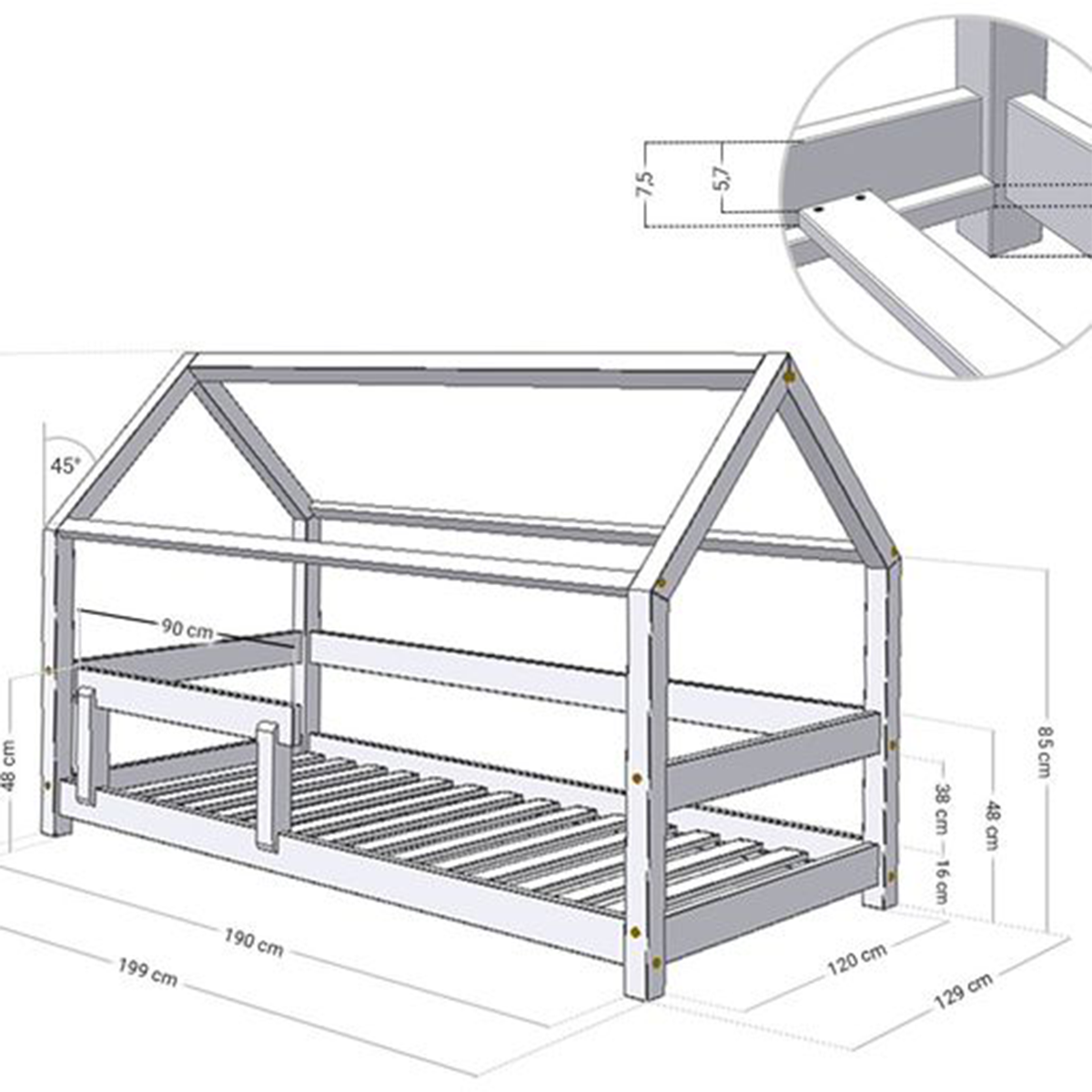 Lit cabane 120x190 Tery avec barrière Blanc Lits cabanes/Lit cabane