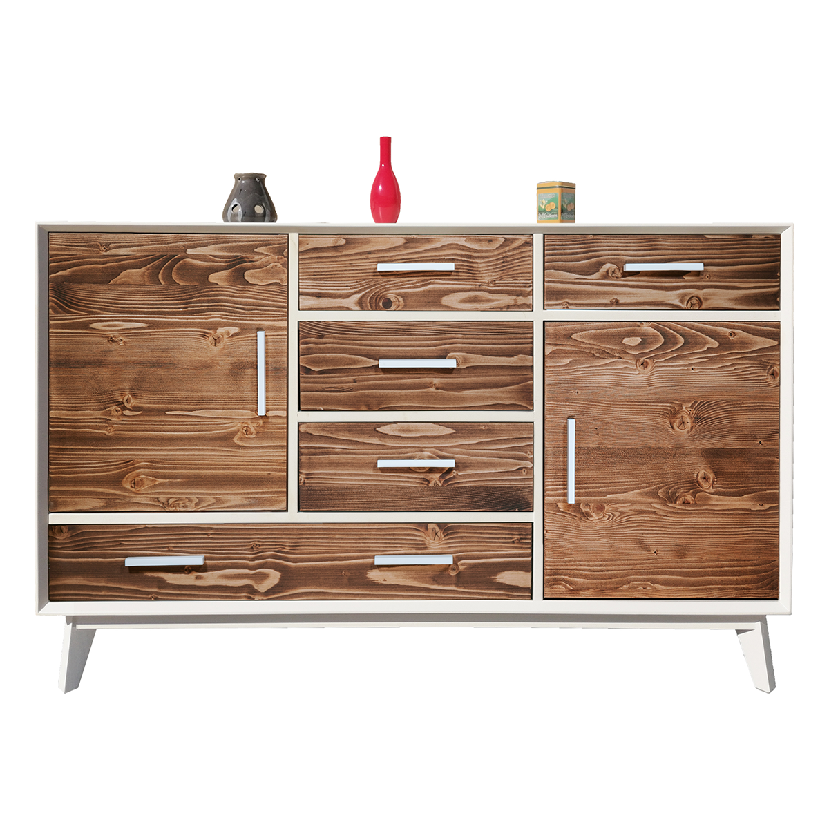 Buffet De Rangement KOMFOTTEU - 60x41.5x102 Cm, 2 Portes, 2 Tiroirs, Pieds Métal - Blanc