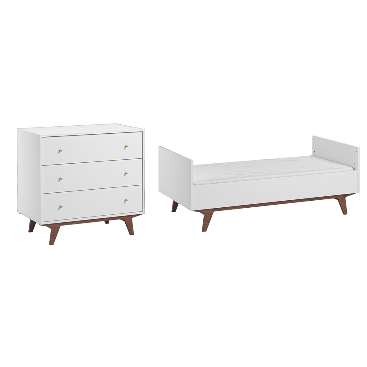 Lit évolutif 70x140 et commode 3 tiroirs Vox Mid - Blanc et bois