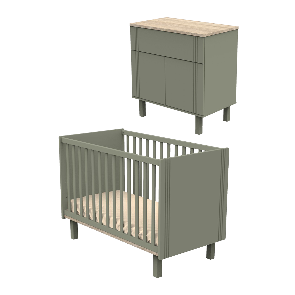 Lit bébé 60x120 et commode Sauthon Eléonore - Kaki