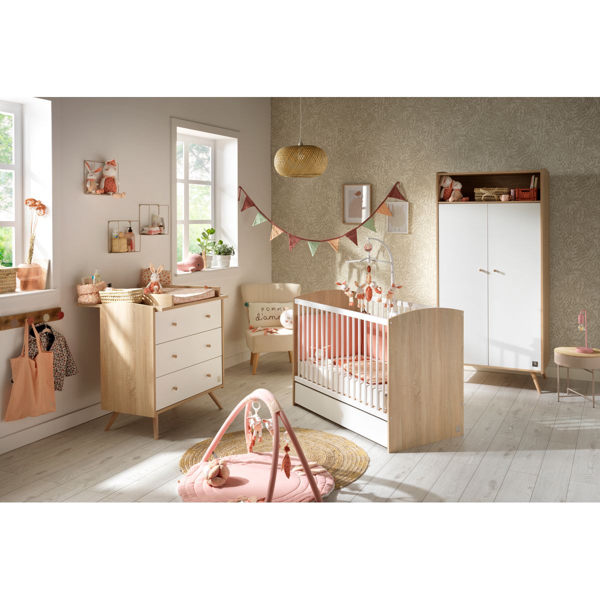 Chambre complète lit bébé 60x120, commode à langer et armoire Sauthon Access - Blanc et bois