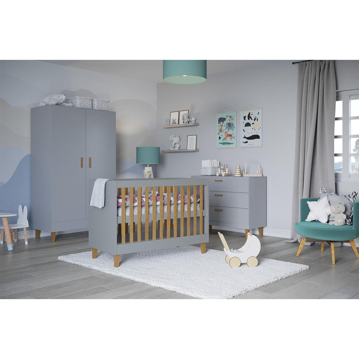 KOCOT KIDS Chambre complète lit bébé 60x120 commode 3 tiroirs et armoire 2  portes Victor - Blanc et Chêne pas cher 