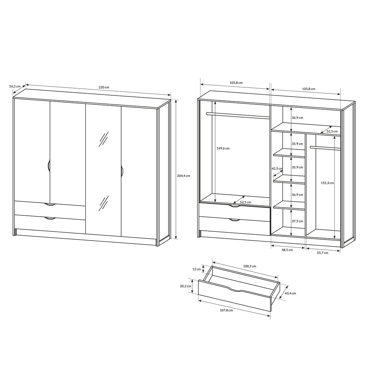 Armoire 4 portes 2 tiroirs LED inclus Ezra Bois et Gris Junior