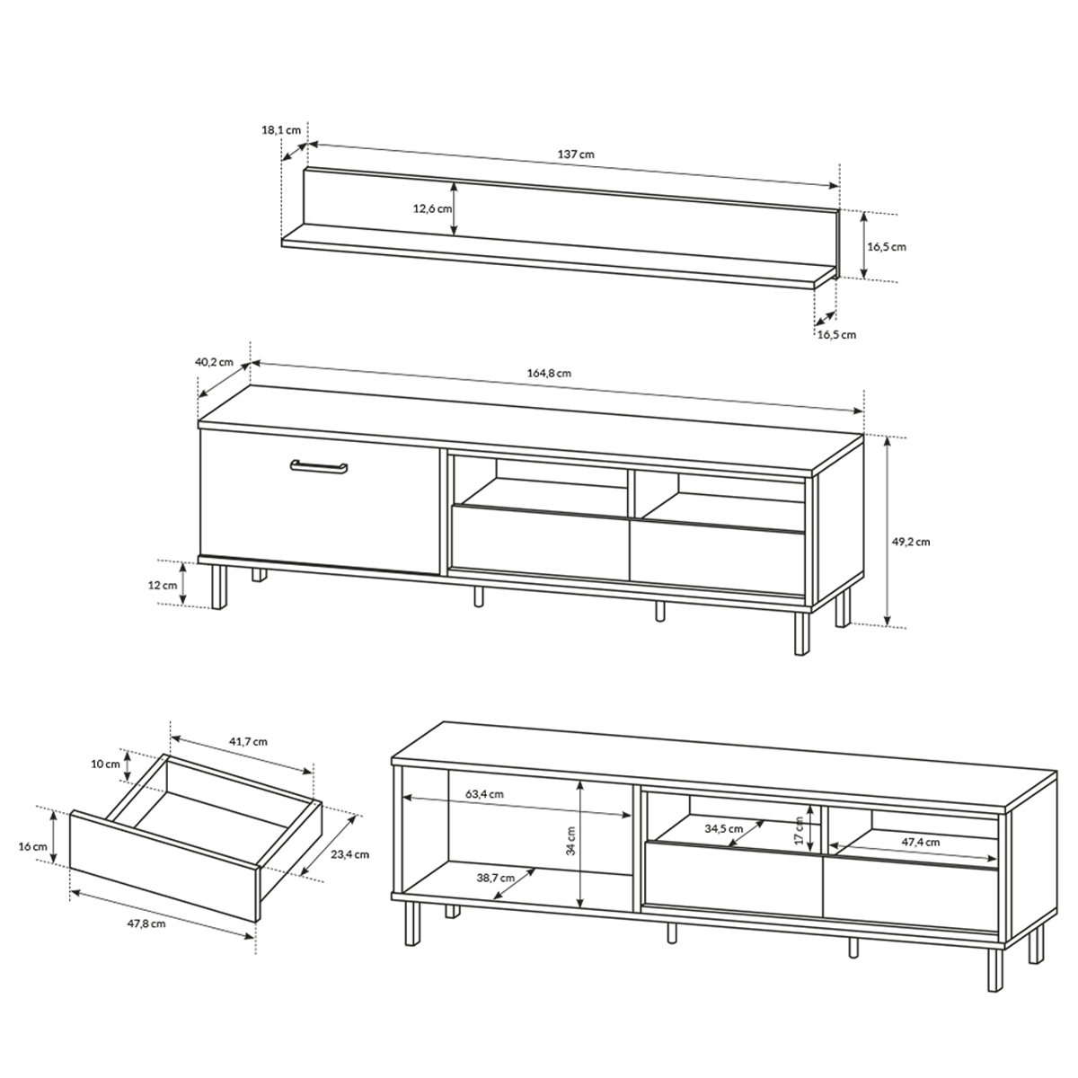 Meuble TV DETROIT 164 Cm - Industriel, étagères, IDMarket, Neuf