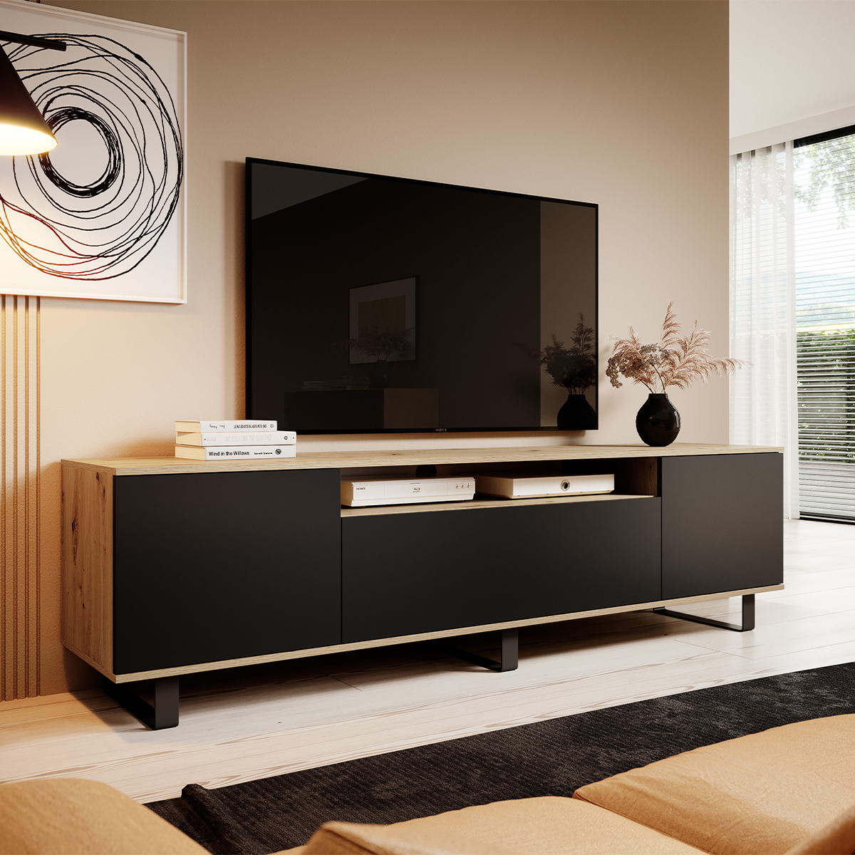 Meuble TV Bois Massif Noir Salon Basse Armoire avec Rangement