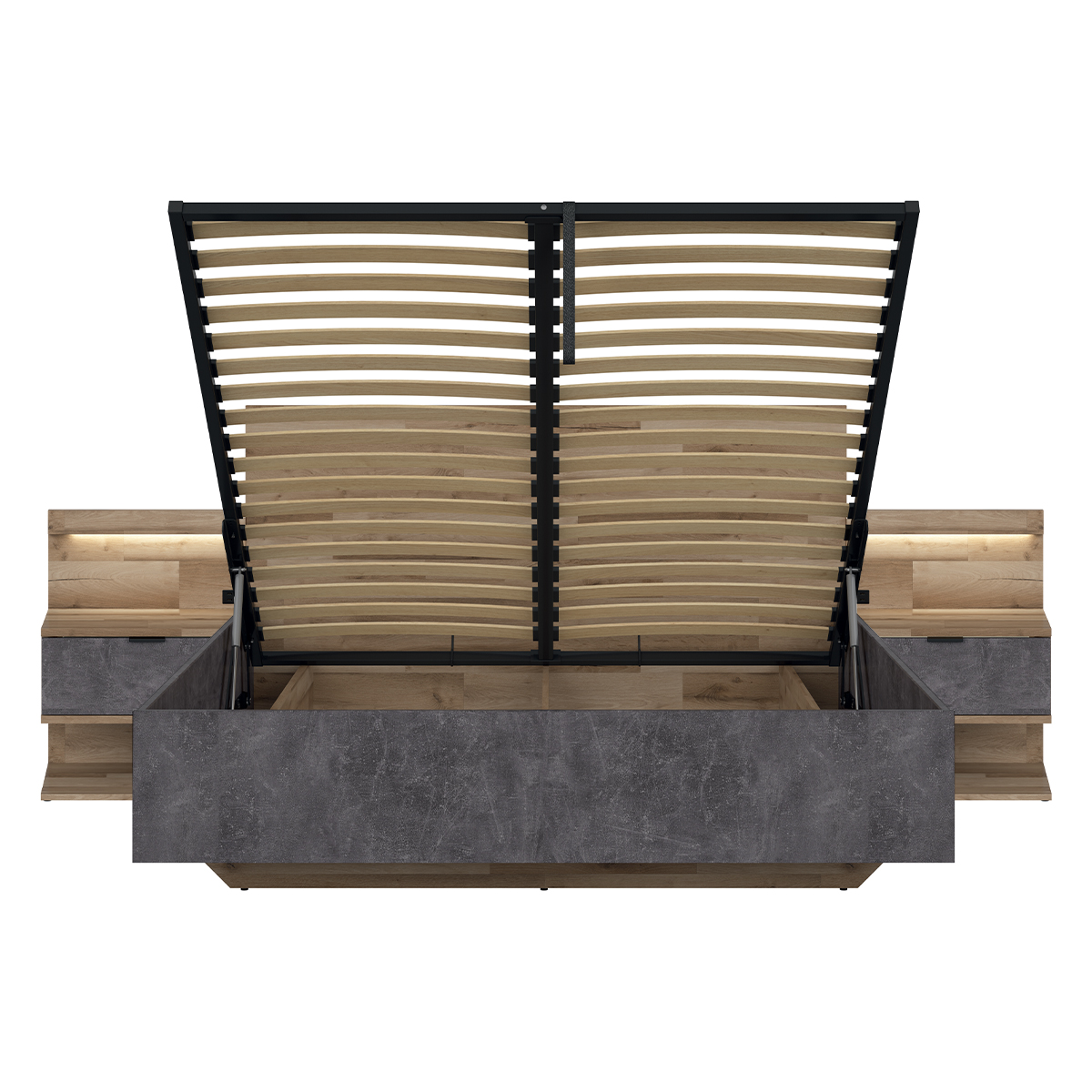 Lit Double 140x200 Avec 2 Tables De Chevet LED - Bois Chêne, Prises USB/USB-C, Tête De Lit Design, Sommier à Lattes