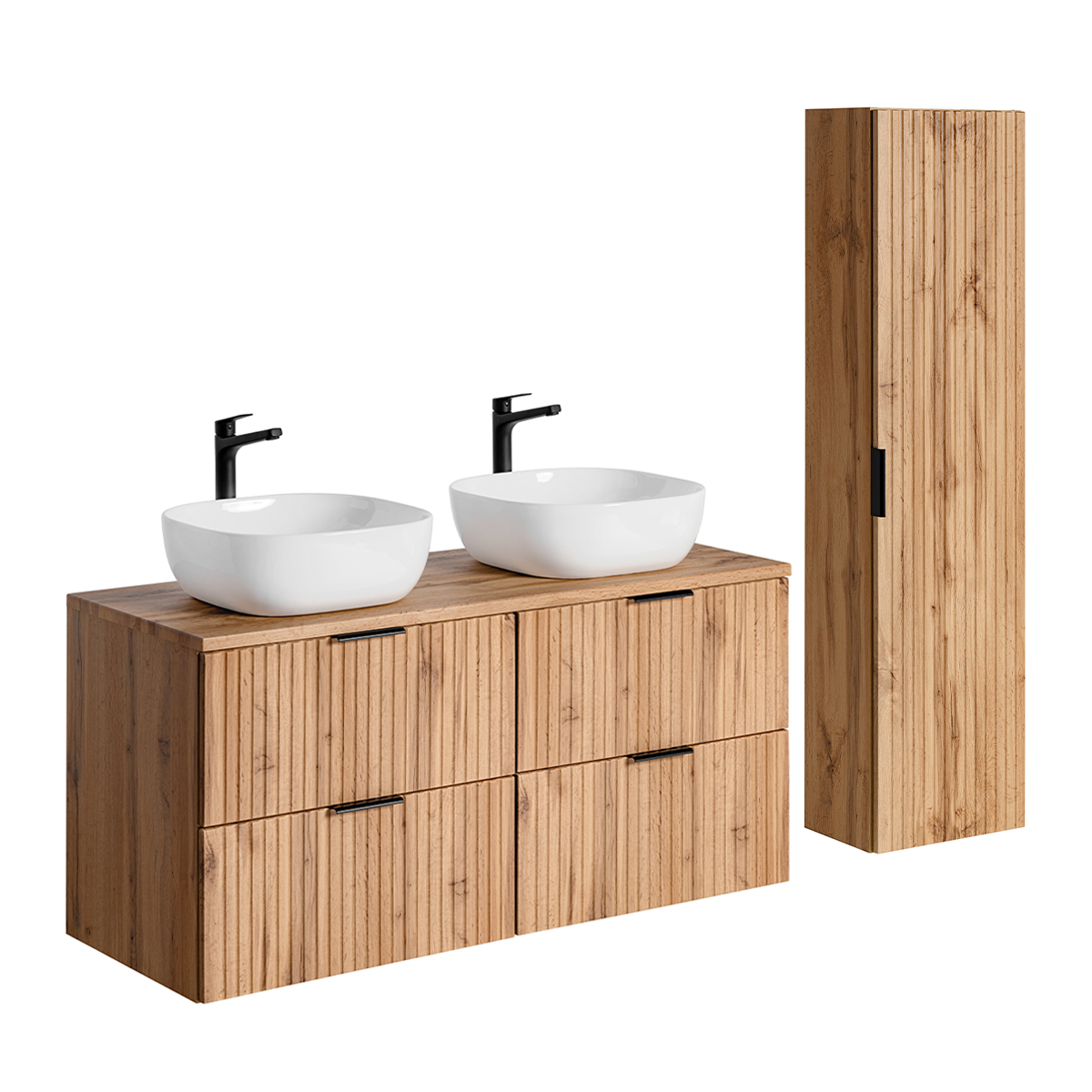 Ensemble de salle de bain chêne 3 pièces atoll : 1 meuble double vasque +2  vasques Couleur bois clair Mob In