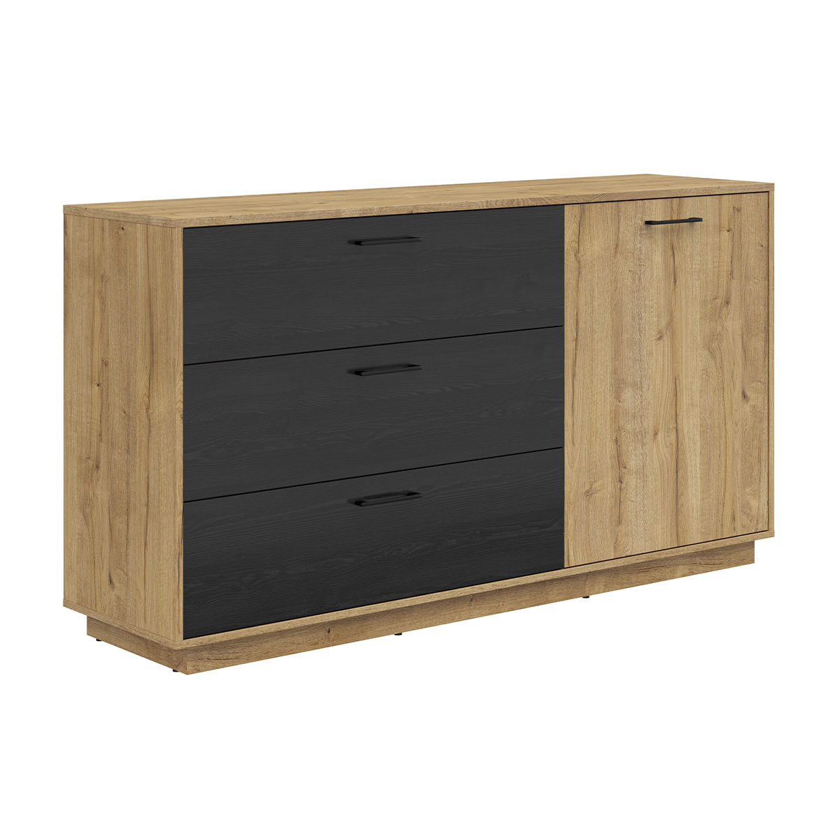 Commode 3 tiroirs 1 porte Arava Bois et Noir