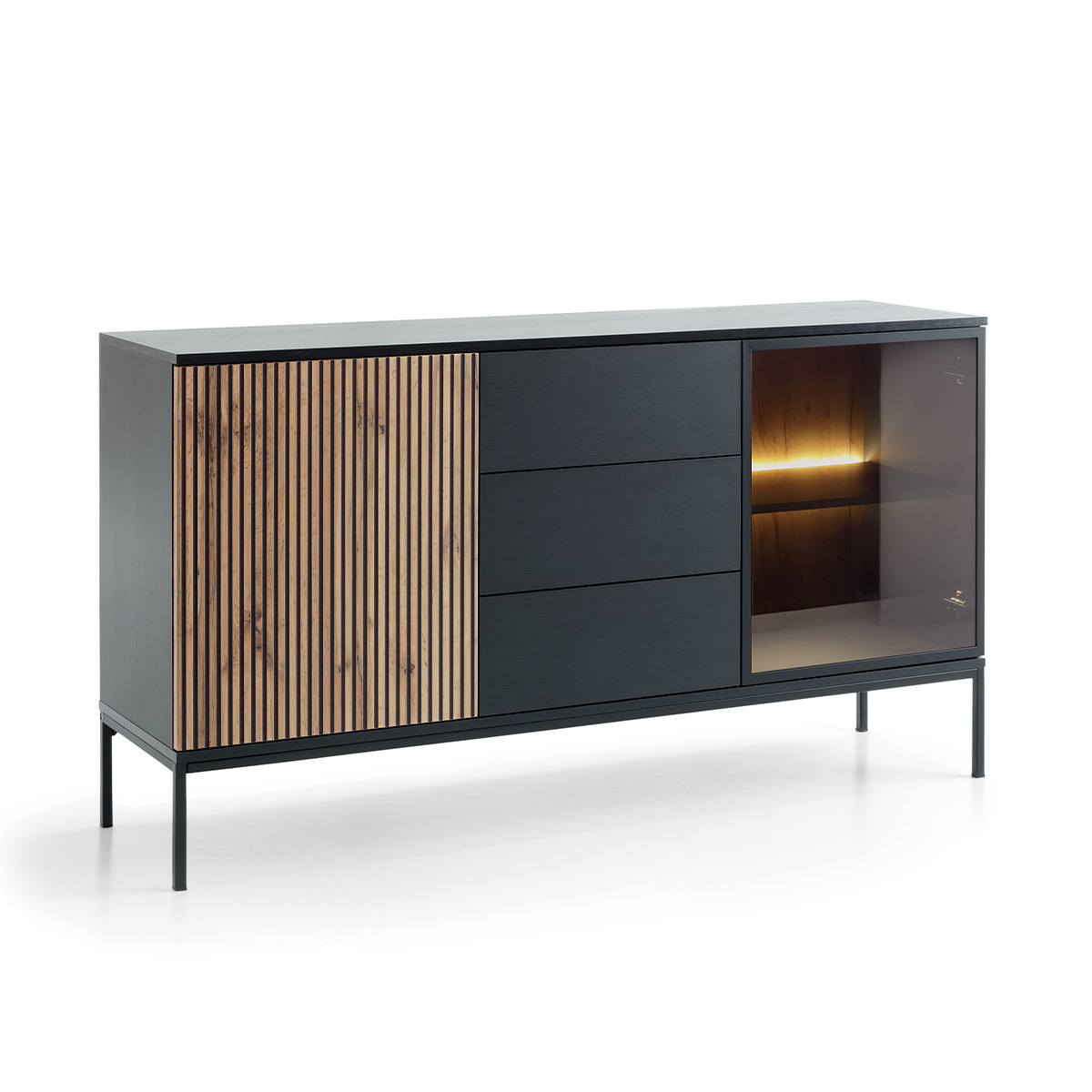 Buffet 2 portes 3 tiroirs LED Dune Noir et Bois