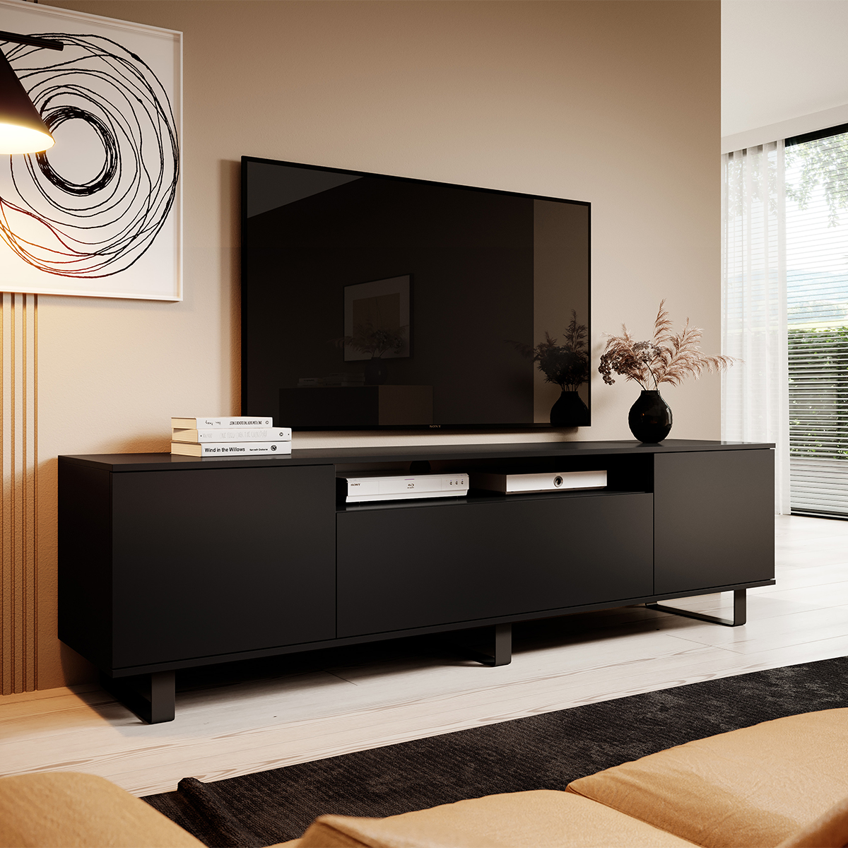 Meuble TV Design Aron 320 Cm - Ensemble Naturel & Noir Avec éclairage LED, Rangement Pratique