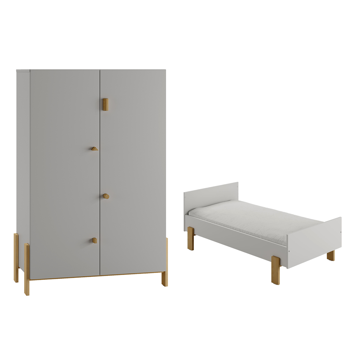 Lit évolutif 70x140 et armoire 2 portes Pinio Cube Gris clair et Bois