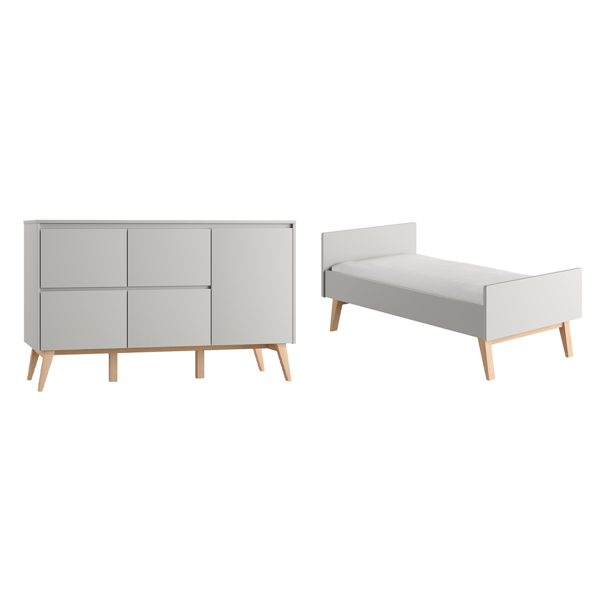 Lit évolutif 70x140 et commode 4 tiroirs 1 porte Pinio Swing Gris et bois