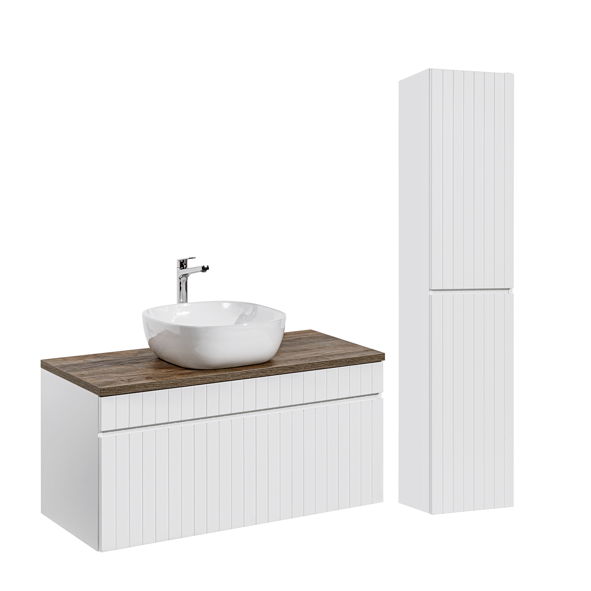 Ensemble meuble simple vasque 100cm et colonne Zelie Blanc et Bois