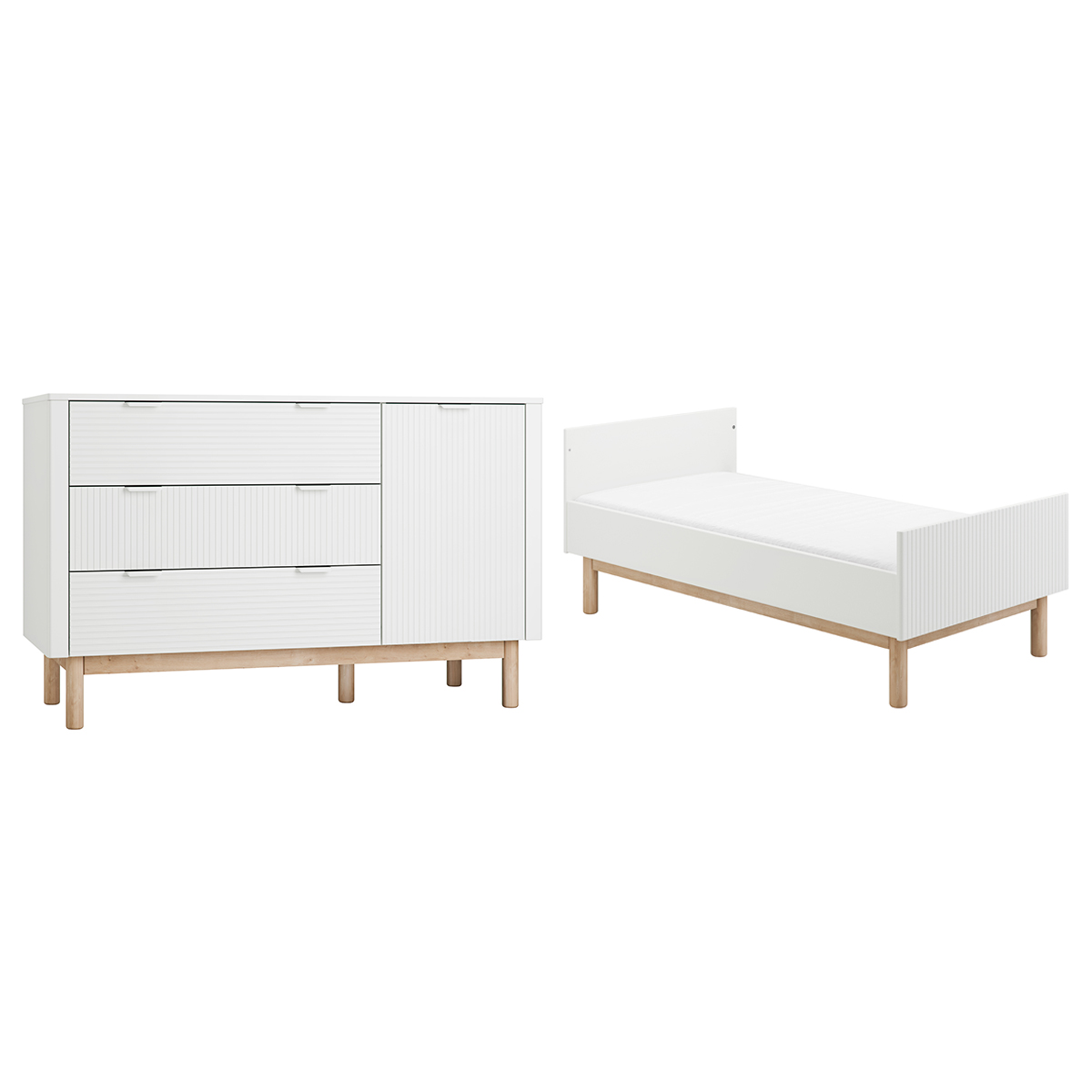 Lit évolutif 70x140 et commode 3 tiroirs 1 porte Pinio Miloo Blanc