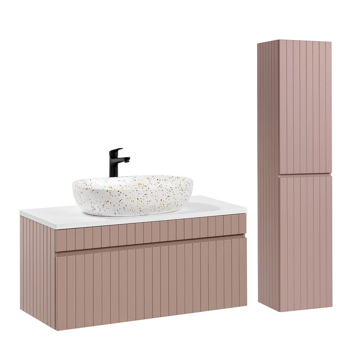 Ensemble meuble simple vasque 100cm et colonne Zelie Rose et Blanc