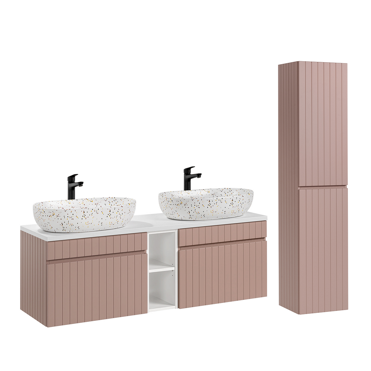 Ensemble meuble double vasque 140cm 2 niches et colonne Zelie Rose et Blanc