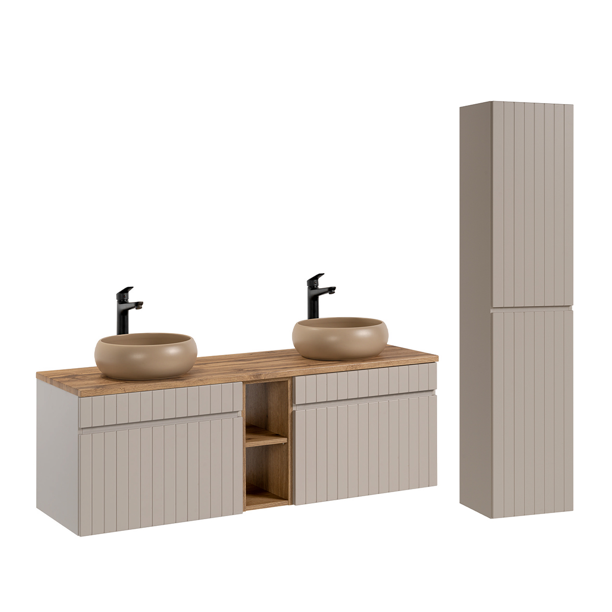 Ensemble meuble double vasque 140cm 2 niches et colonne Zelie Cachemire et Bois