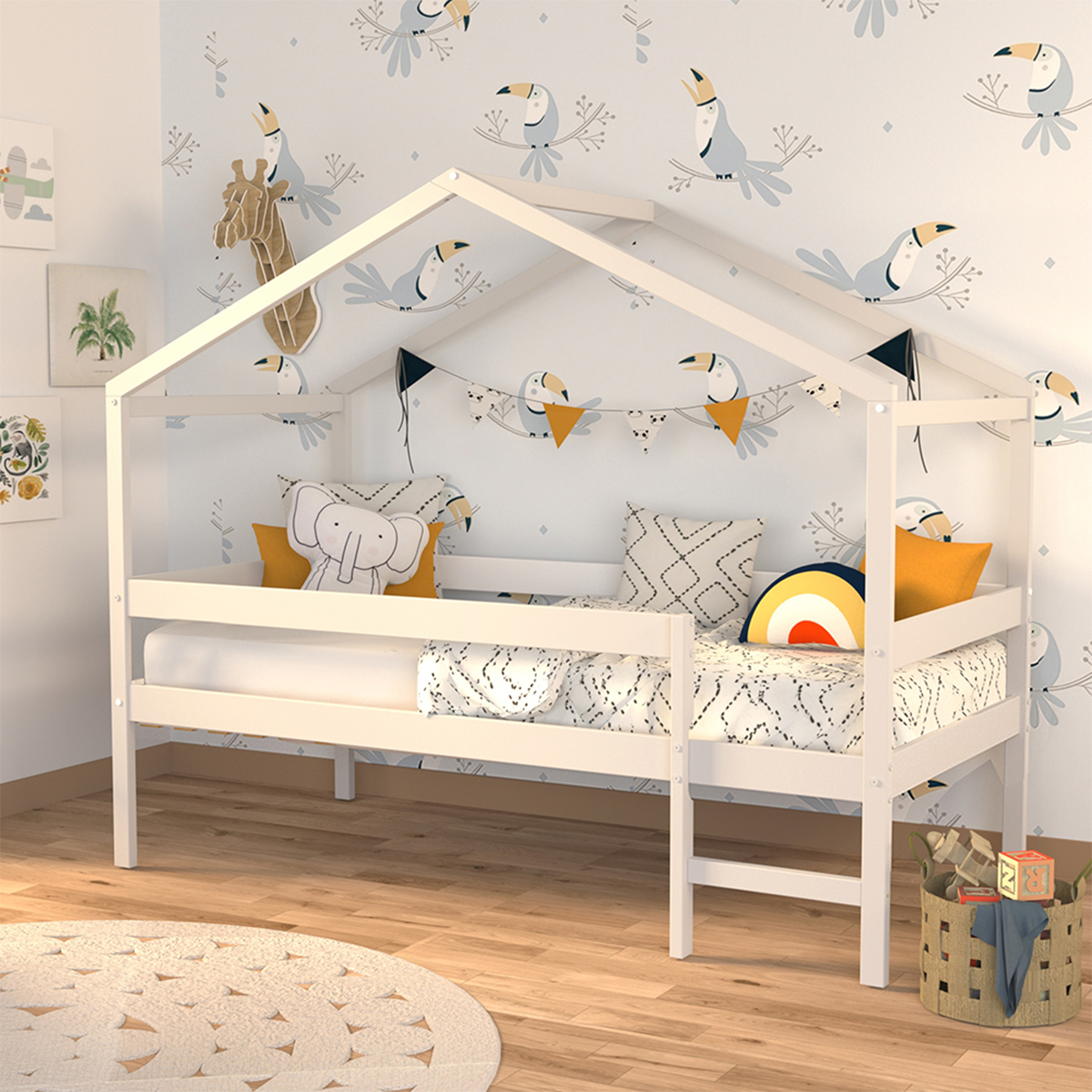 Lit cabane mi-hauteur 90x190 sommier inclus Penny Blanc