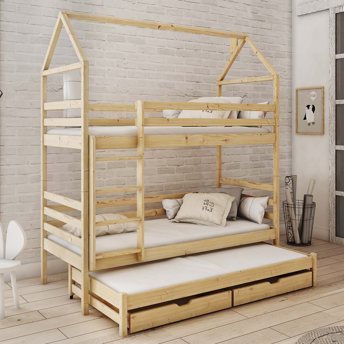 Lit cabane superposé 90x190 sommiers lit gigogne et tiroirs Antonin Bois