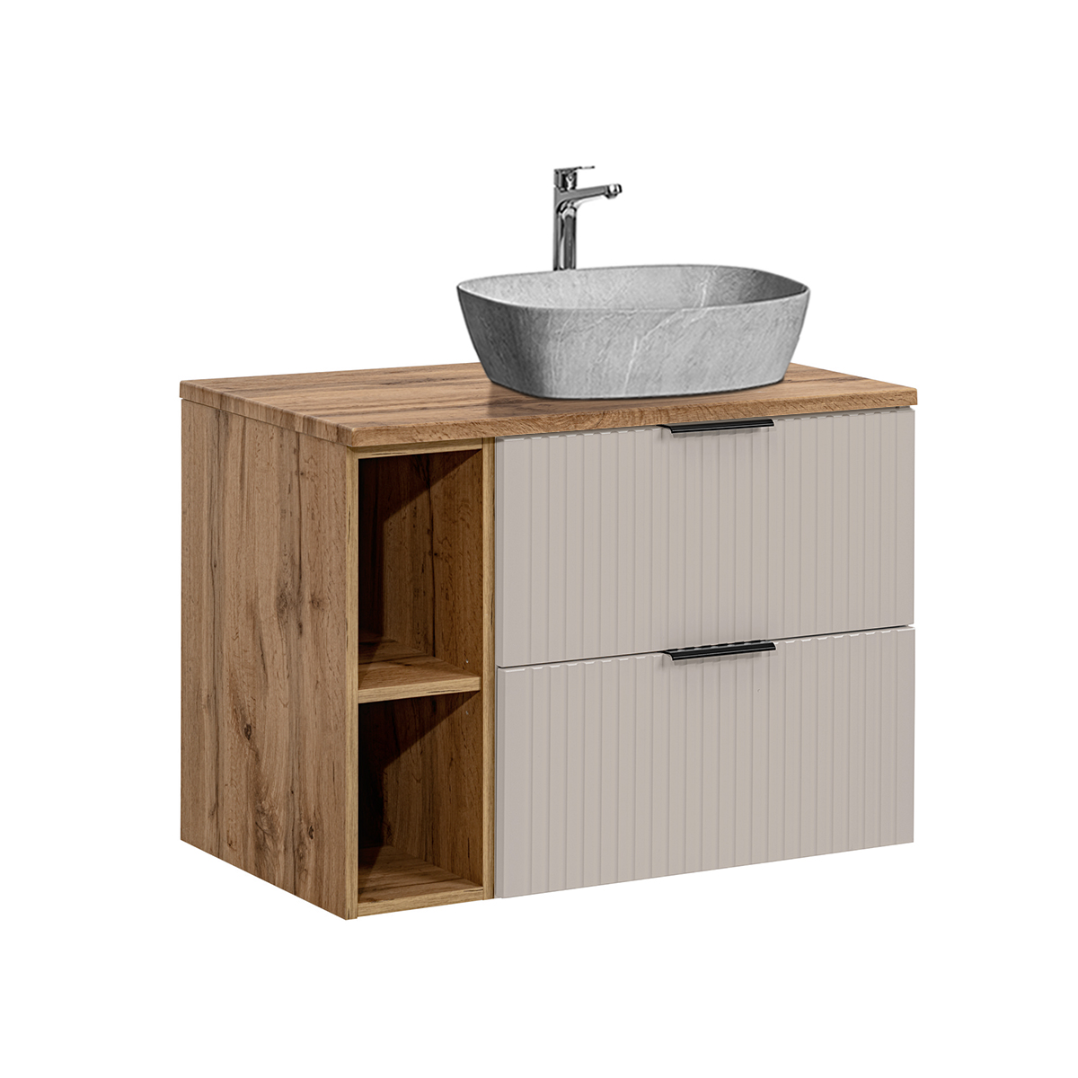 Meuble simple vasque effet pierre 80cm 2 niches Adriel Cachemire et Bois