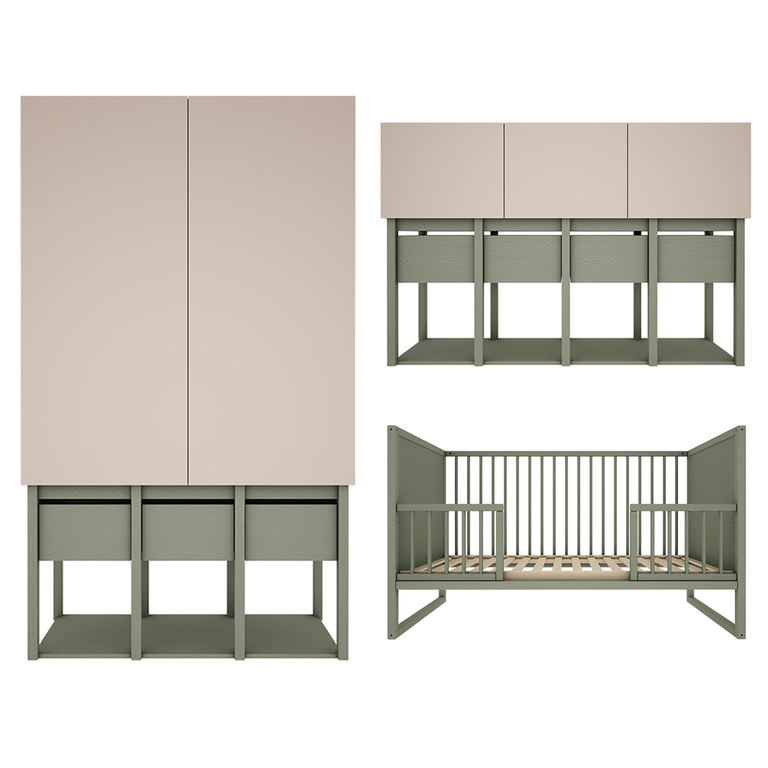 Chambre complète lit évolutif 70x140 commode 3 portes et armoire 2 portes Wood Luck Tweens Vert Eucalyptus et Beige