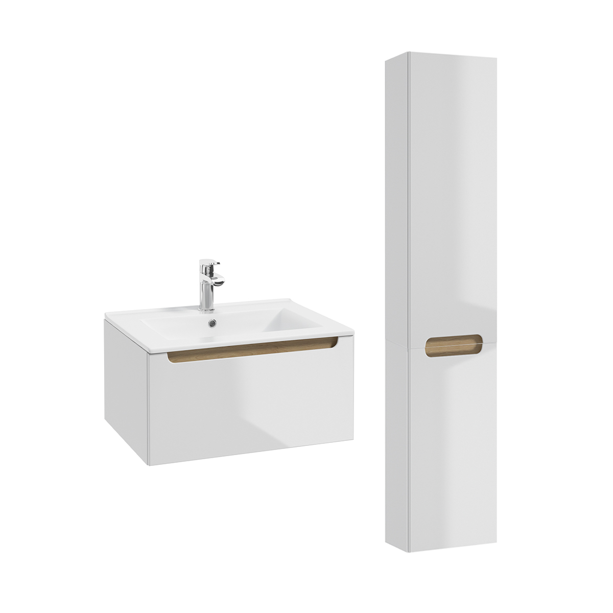 Ensemble meuble simple vasque encastrée 60cm 1 tiroir et colonne Livia Blanc et Bois
