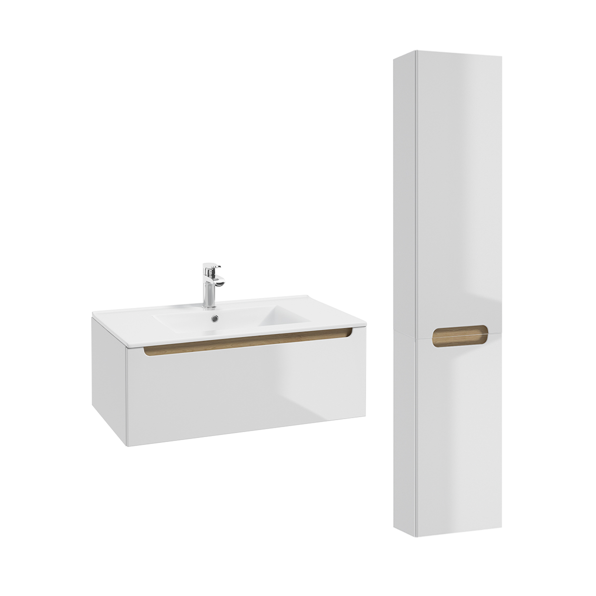 Ensemble meuble simple vasque encastrée 80cm 1 tiroir et colonne Livia Blanc et Bois