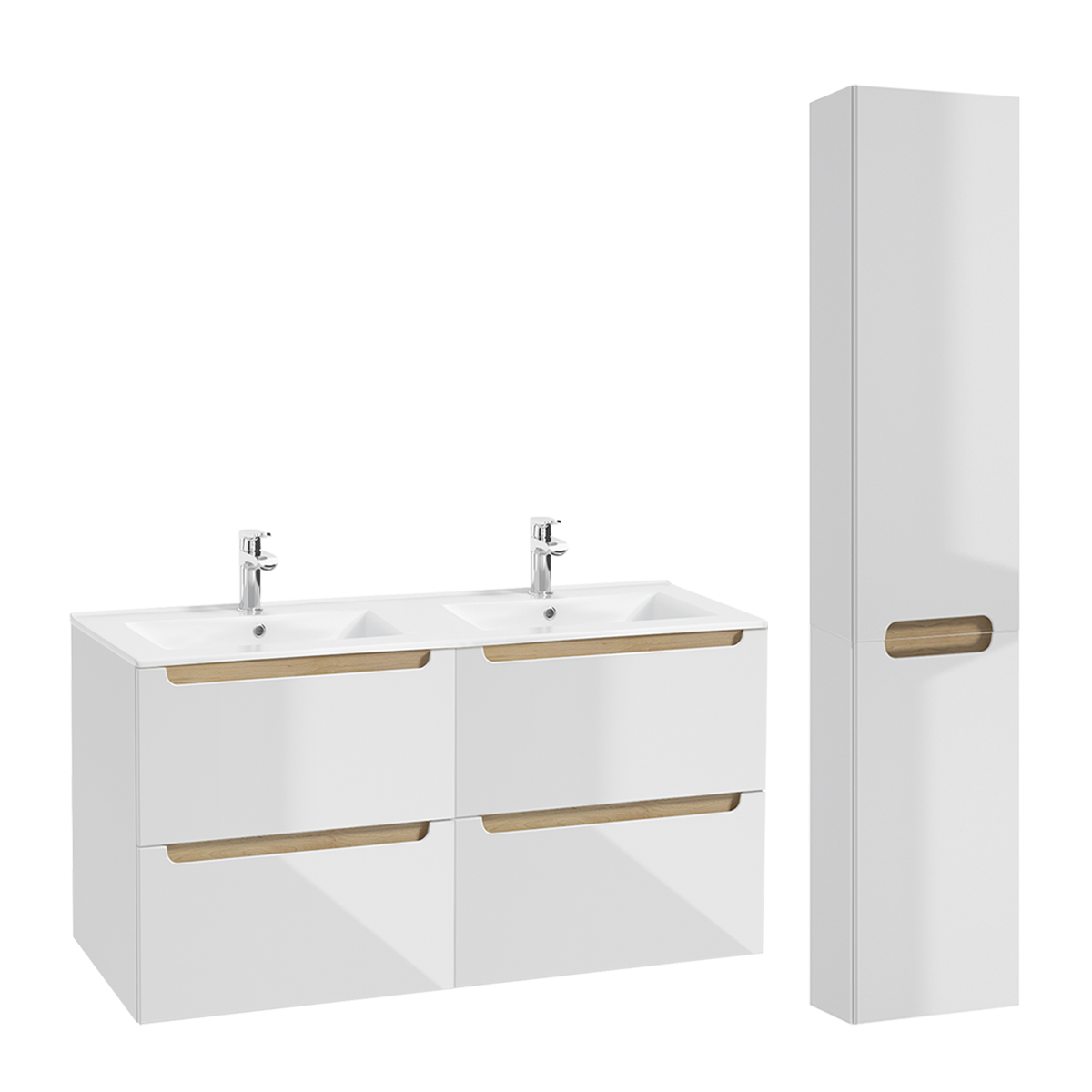 Ensemble meuble double vasque encastrée 120cm 4 tiroirs et colonne Livia Blanc et Bois