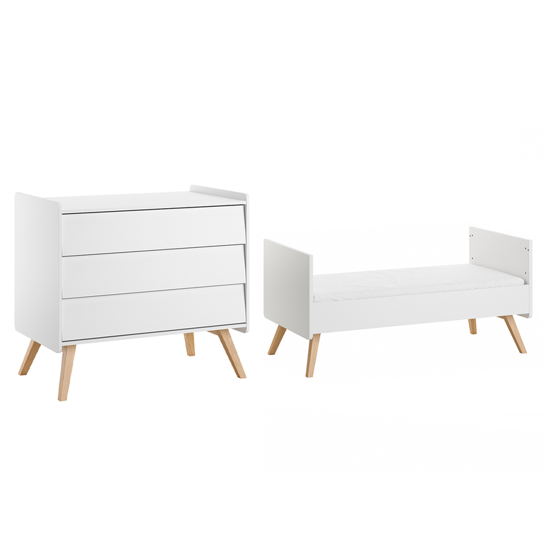 Lit évolutif 70x140 et commode 3 tiroirs Vox Vintage Blanc et Bois